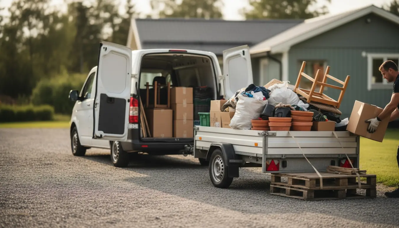 Lasteplads på indkørsel med varevogn og trailer fyldt med blandet affald ved et sommerhus.