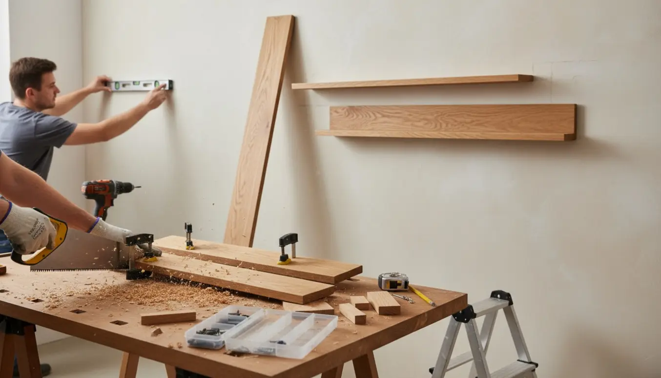 To 1 m hylder og krydderihylder klargøres og saves til ved en væg med boremaskine, vaterpas og en tom skruetray.