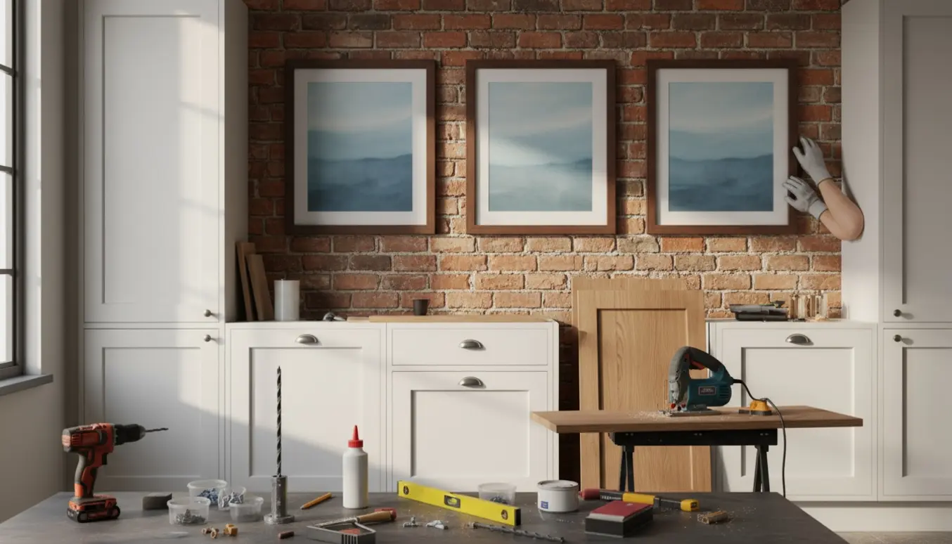 Opsætning af billedrammer, opslagstavle og knager på en murstensvæg med justering af køkkenfodpaneler og værktøj i forgrunden.