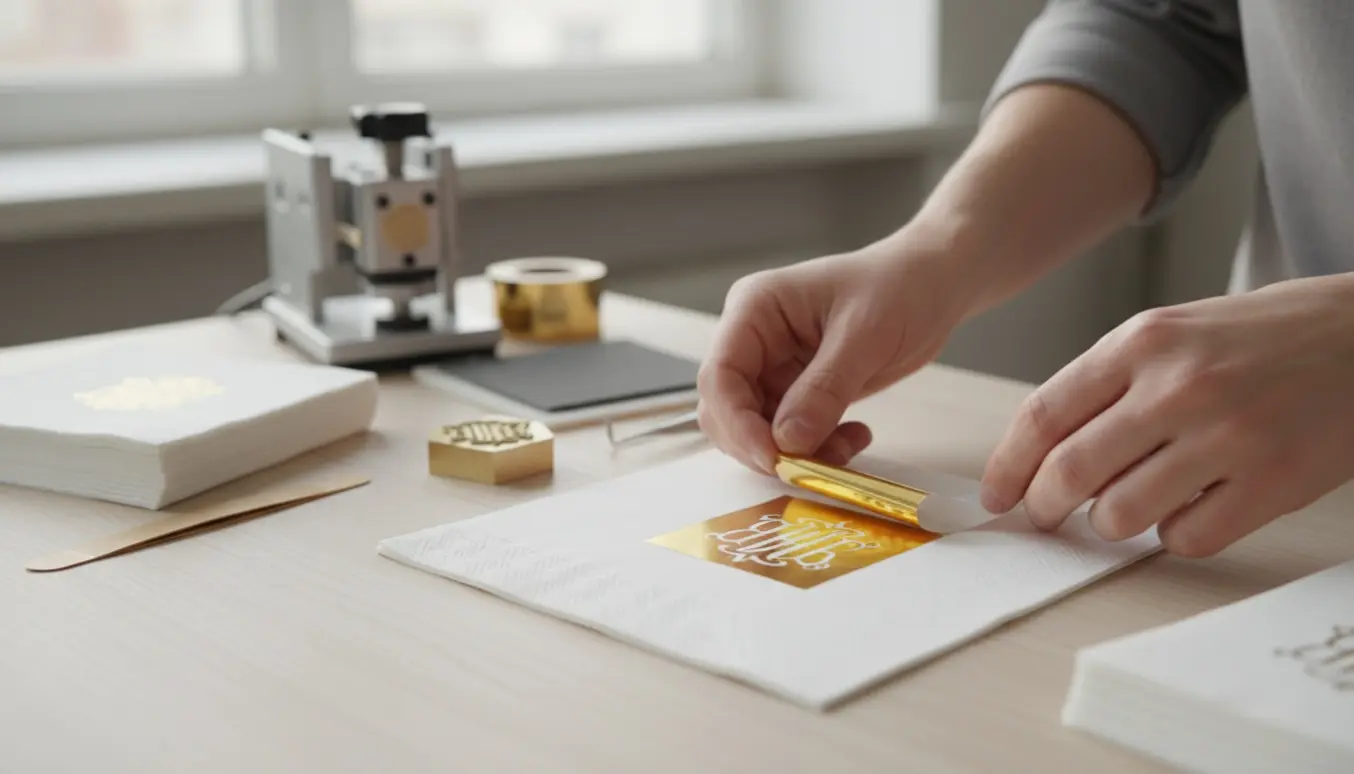 Nærbillede af en hvid serviet med et gyldent monogramtryk på et lyst arbejdsbord.