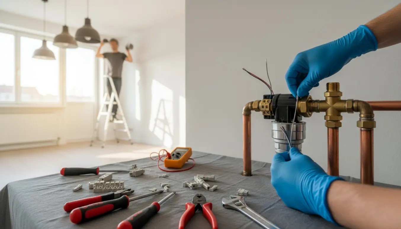 Hænder tilslutter en radiatorpumpe, mens en person på en stige justerer lampe-rosetter i et hjem.