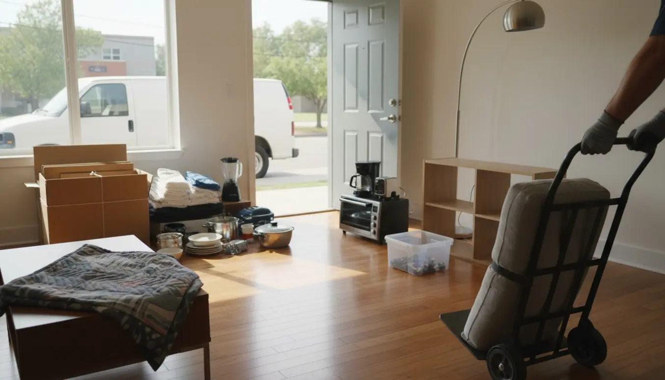 Delvist tømt stue med sorterede genstande klar til aflevering på genbrugspladsen.