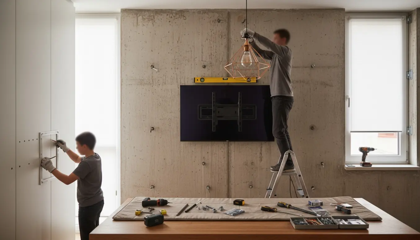 Hænder monterer TV på betonvæg, lampe over spisebord, rullegardin i køkken og sætter greb på tøjskab med måleskabelon.