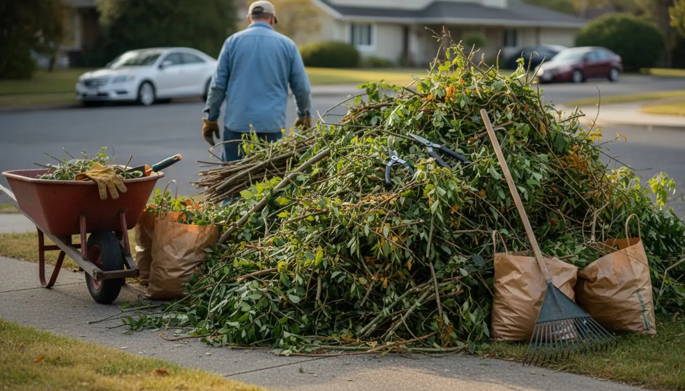Hækaffald og haveværktøj stablet ved fortovet klar til kørsel til genbrugspladsen.