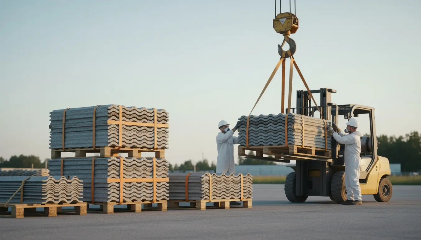 Stablede eternitplader på paller ved en gaffeltruck, arbejdere i værnemidler uden synlige ansigter.