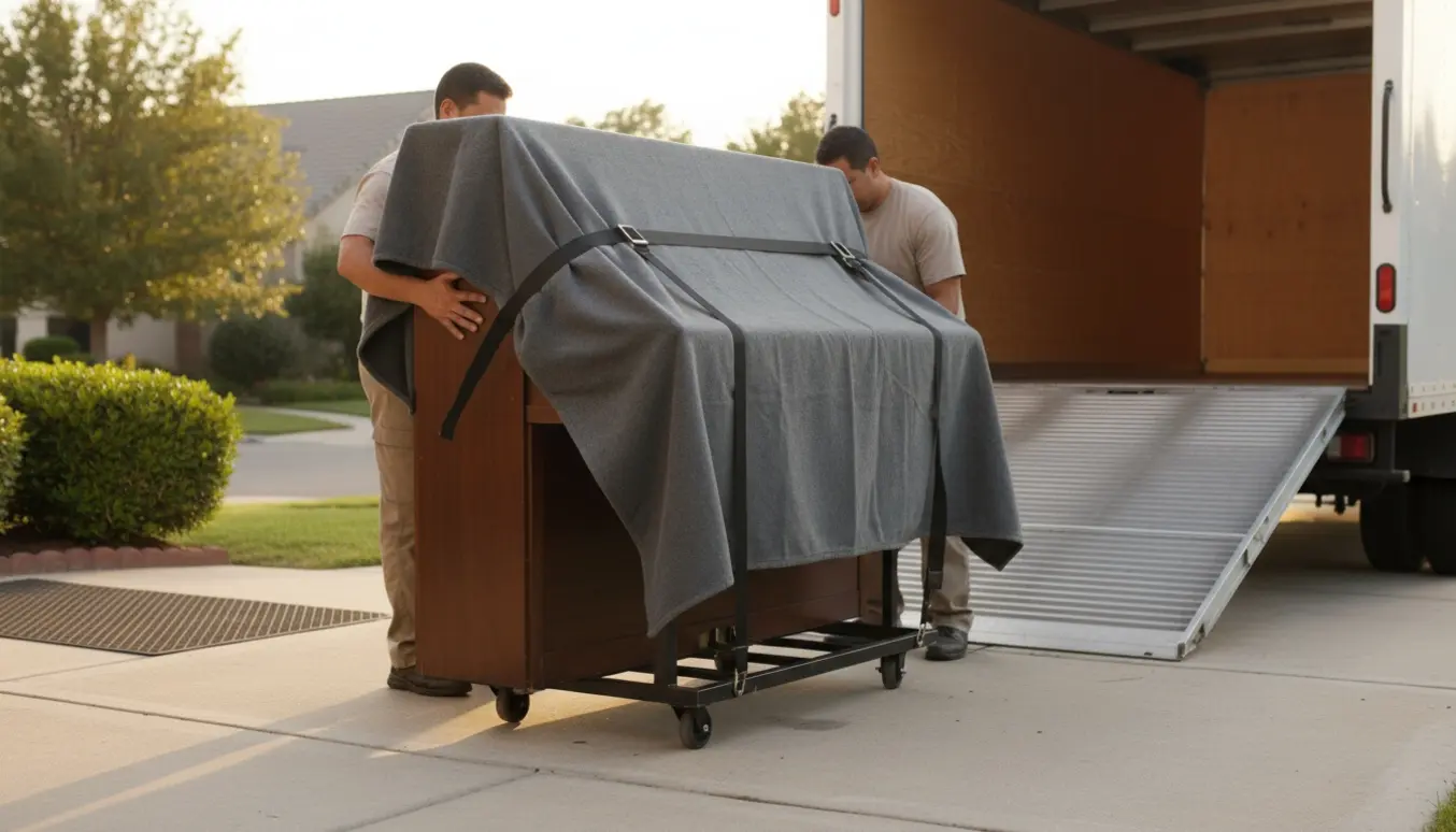 Et klaver pakket i flyttetæpper på en dolly, klar til at blive kørt op i en åben flyttebil foran et hus med god adgang.