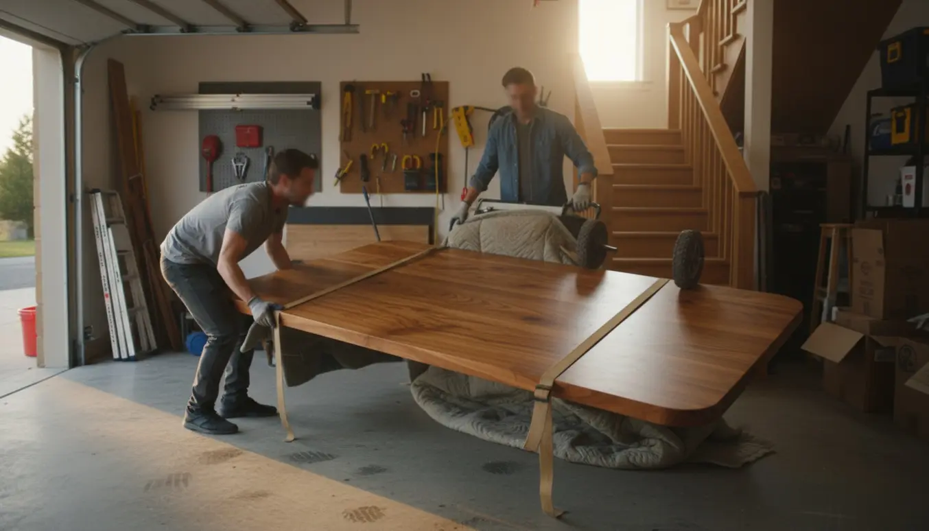 To hjælpere bærer en tung massiv elm-bordplade fra garage op ad trappen, beskyttet af tæpper og stropper.