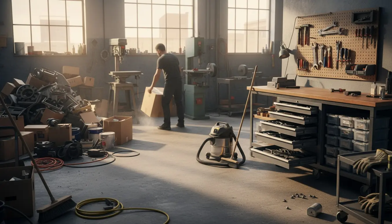 Værksted på ca. 50 m² under oprydning med maskiner, værktøj og personer der organiserer kasser.