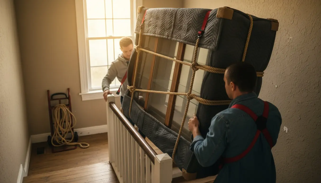 Stort vitrineskab pakket i flyttetæpper bæres op ad en smal trappe af flyttefolk.