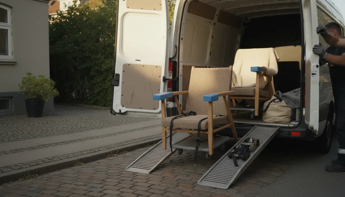 To loungestole pakkes og læsses i en lille varevogn på en rolig boligvej.
