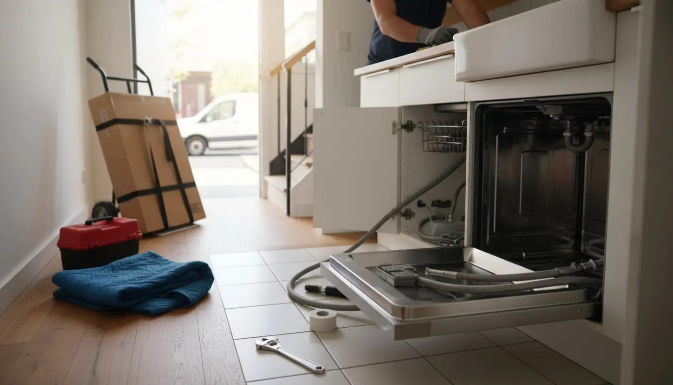 Installatør forbinder en opvaskemaskine i en lys lejlighed med dolly og trappe i baggrunden.