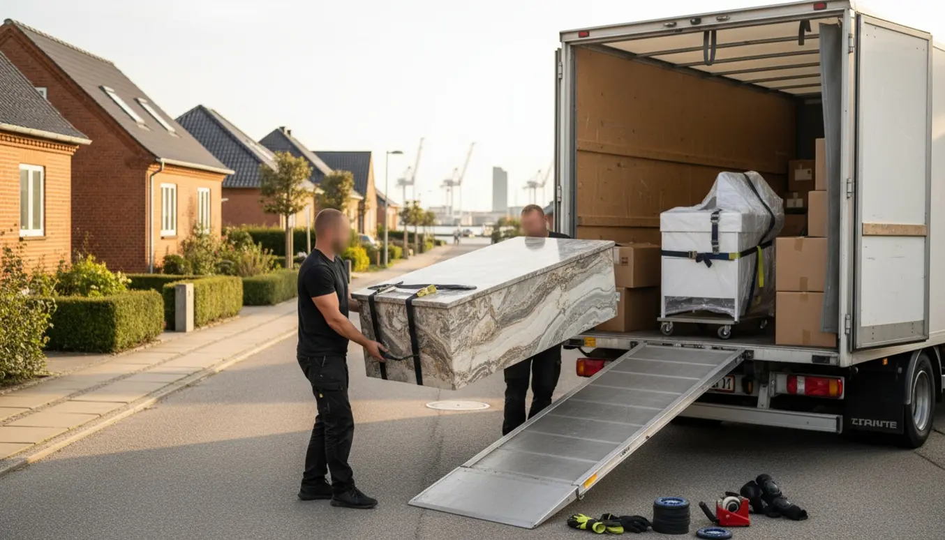 To flyttefolk læsser et tungt naturstenbord og et indpakket vaskemøbel ind i en flyttevogn med havn i baggrunden.
