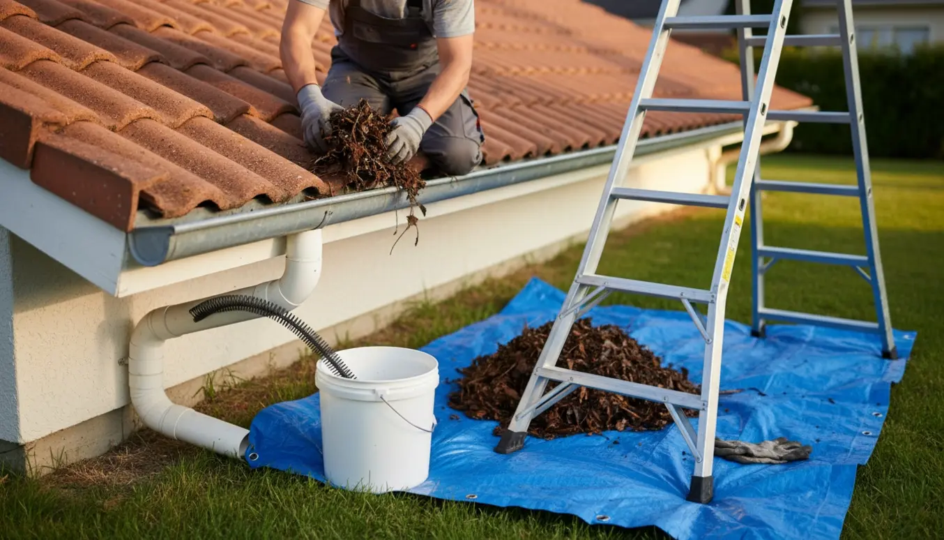 Nærbillede af rensning af tagrender og afløbsrør på et ét-plans parcelhus med stige, handsker og spand fuld af blade.