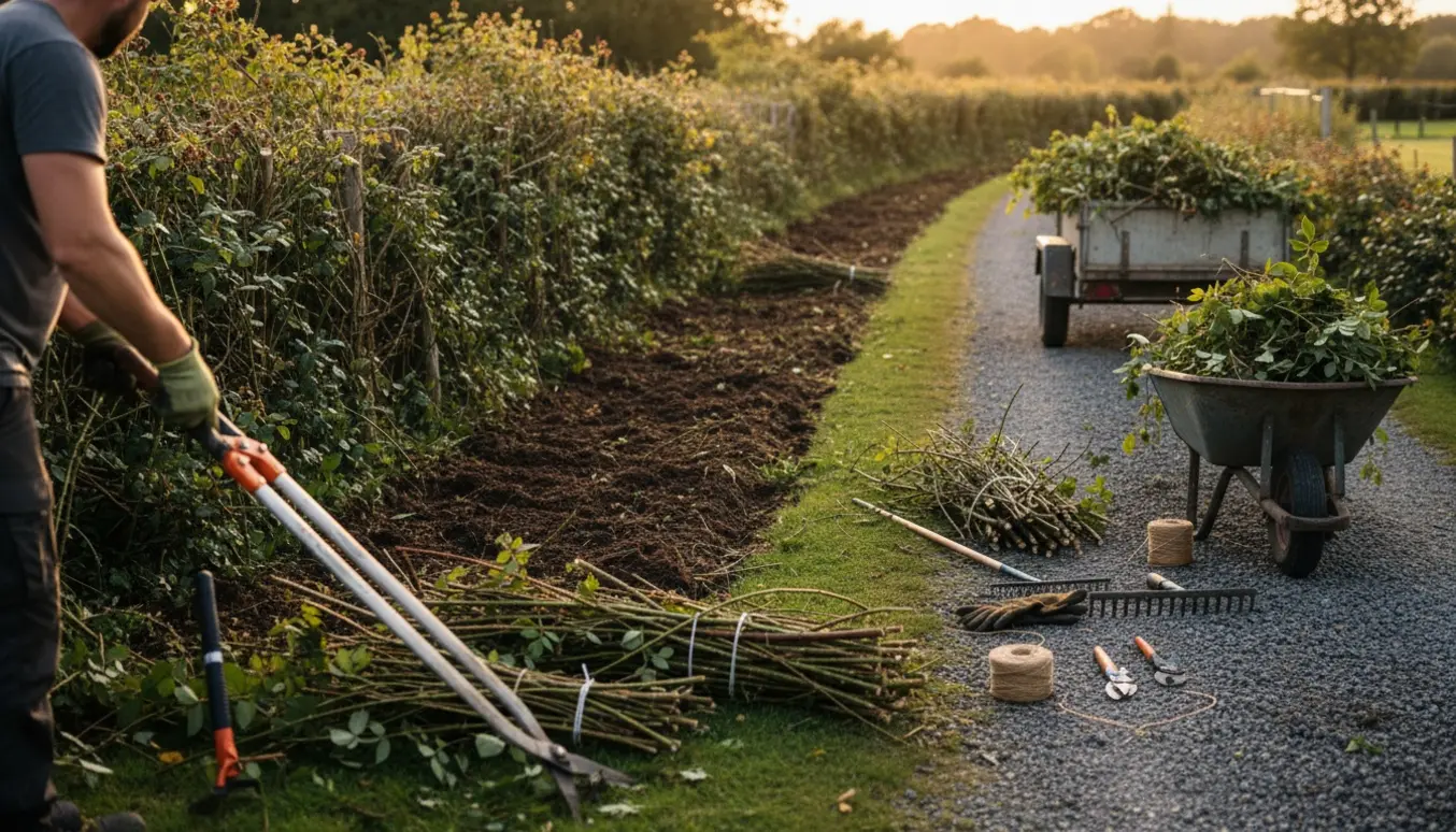 Nyryddet brombærkrat langs en grussti med værktøj, trailer og bunke af afklippede grene.