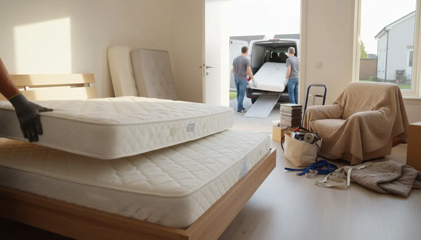 Hjælpere sætter en ny springmadras på sengen, mens gammel madras, lænestol og bæreposer med bøger lastes i en flyttebil.