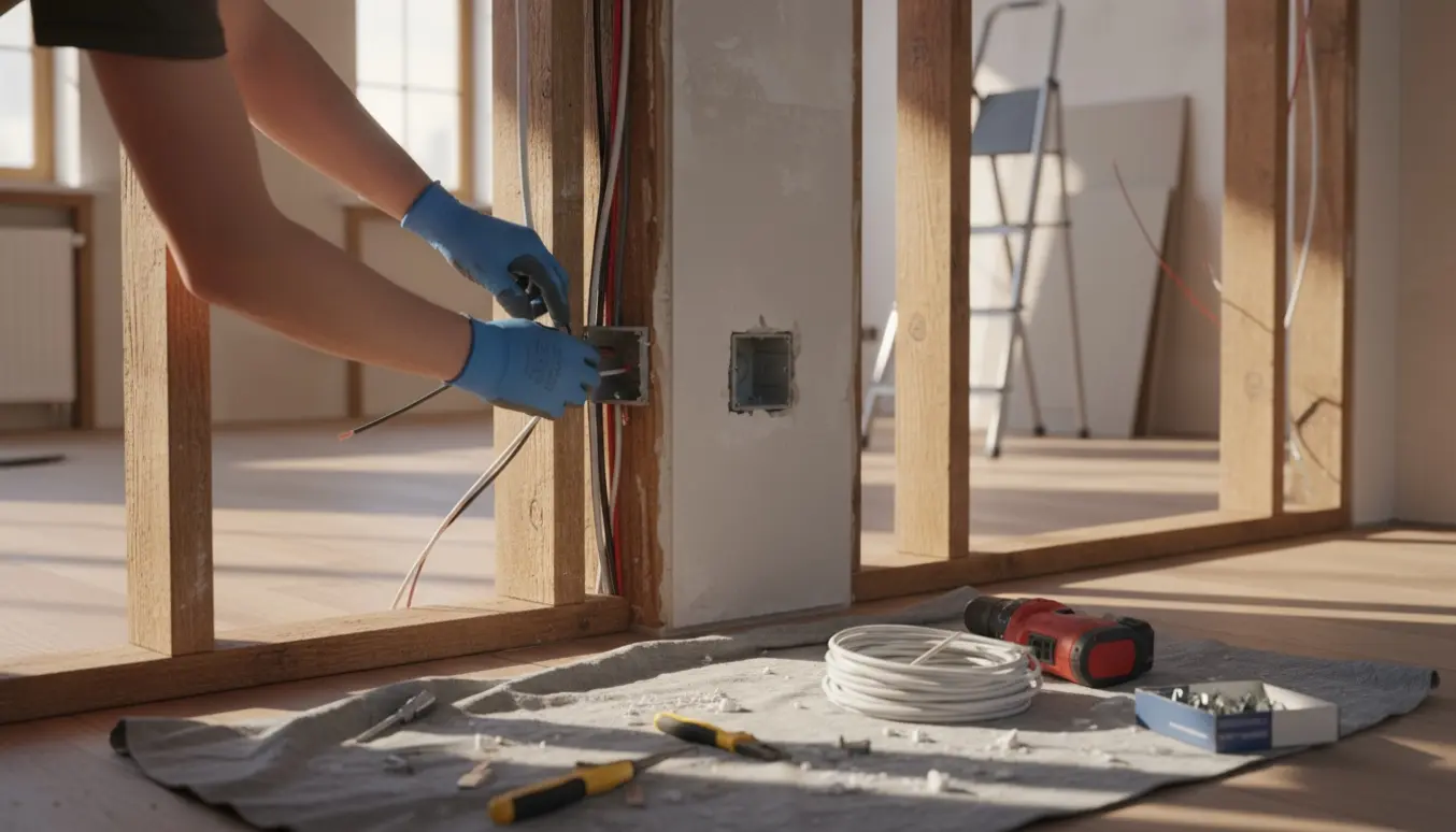 Glavede hænder fører elkabler ud til en ny installationsdåse i et rum efter to nedrevne vægge.