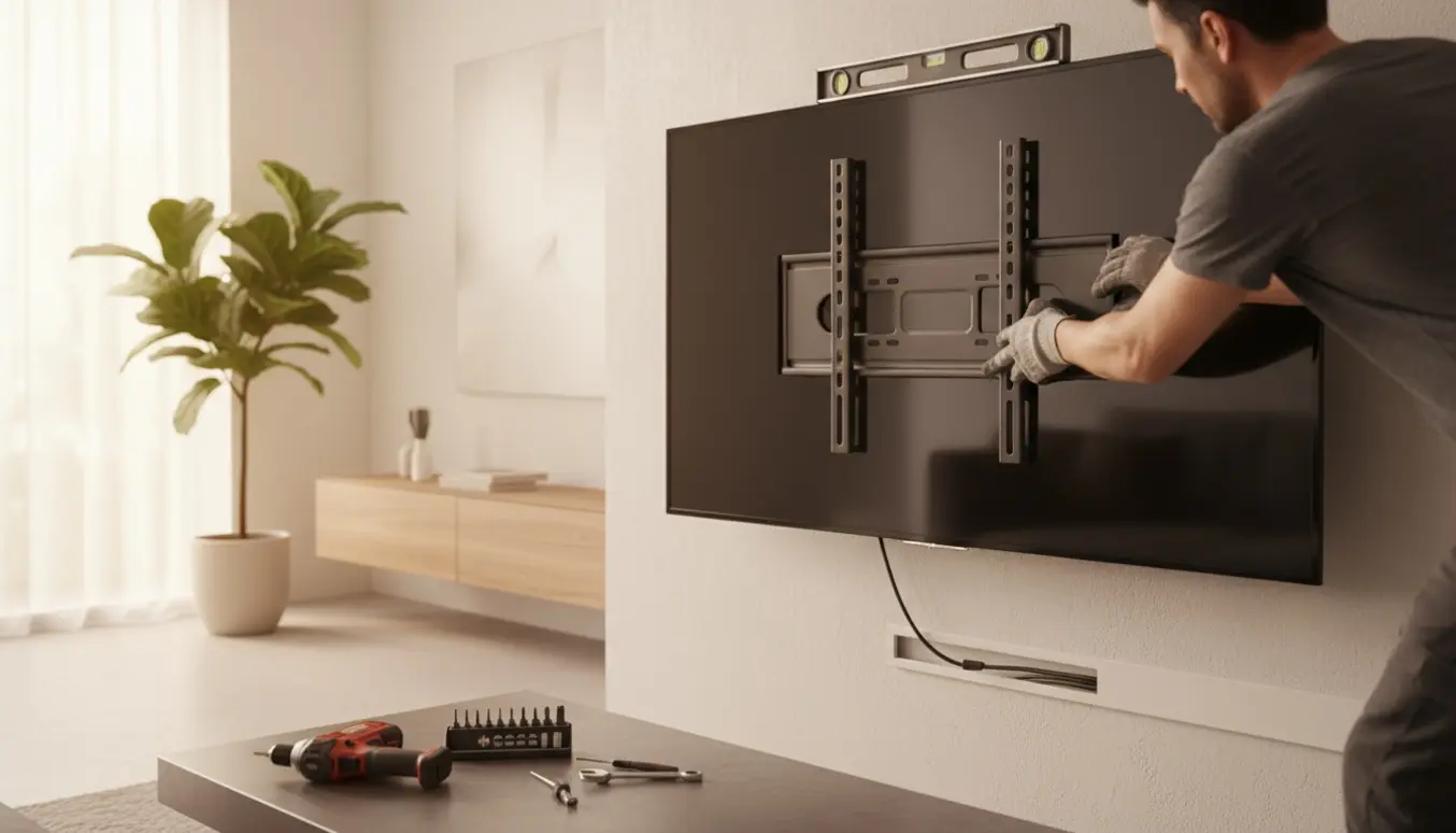 Person monterer en stor fladskærm på et eksisterende vægbeslag i en lys, moderne stue.