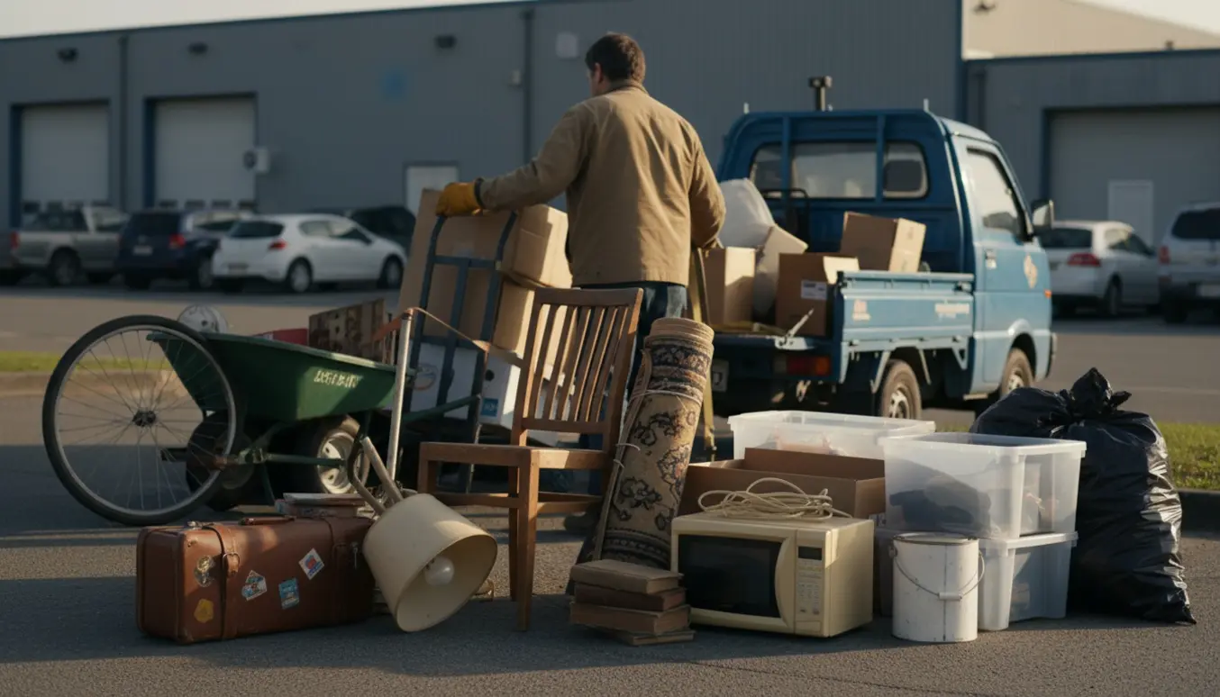 En person set bagfra sorterer og læsser husholdningsgenstande i en pickup og sække, klar til aflevering på losseplads eller genbrugsplads.