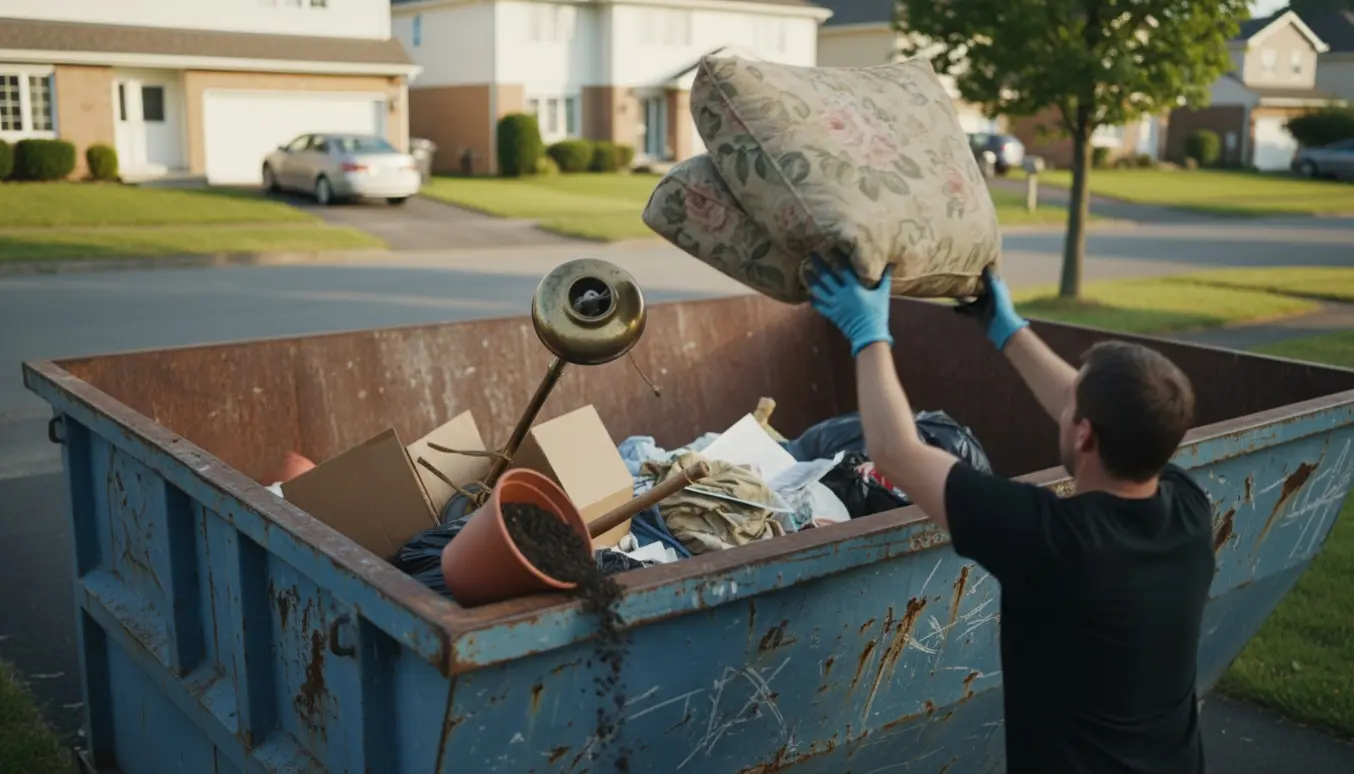 En person kaster møbler og kasser i en stor container på indkørslen.