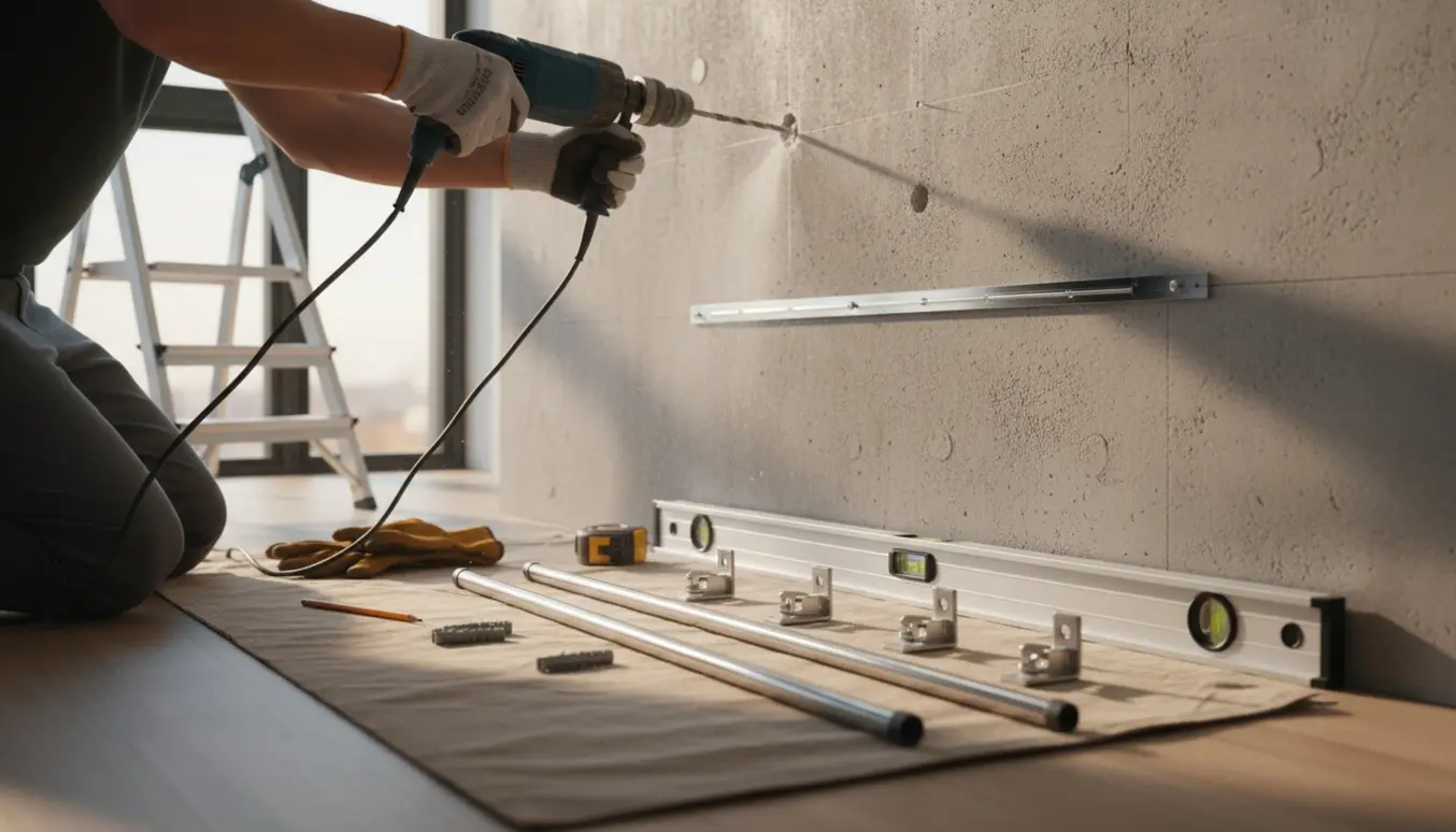 Hænder borer huller i en beton/metalvæg med en slagboremaskine for at montere tre gardiner.