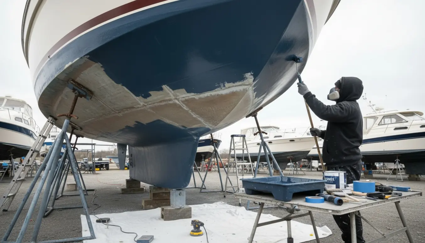 Motorbåd på stativer, hvor bunden slibes og males som vintervedligeholdelse.