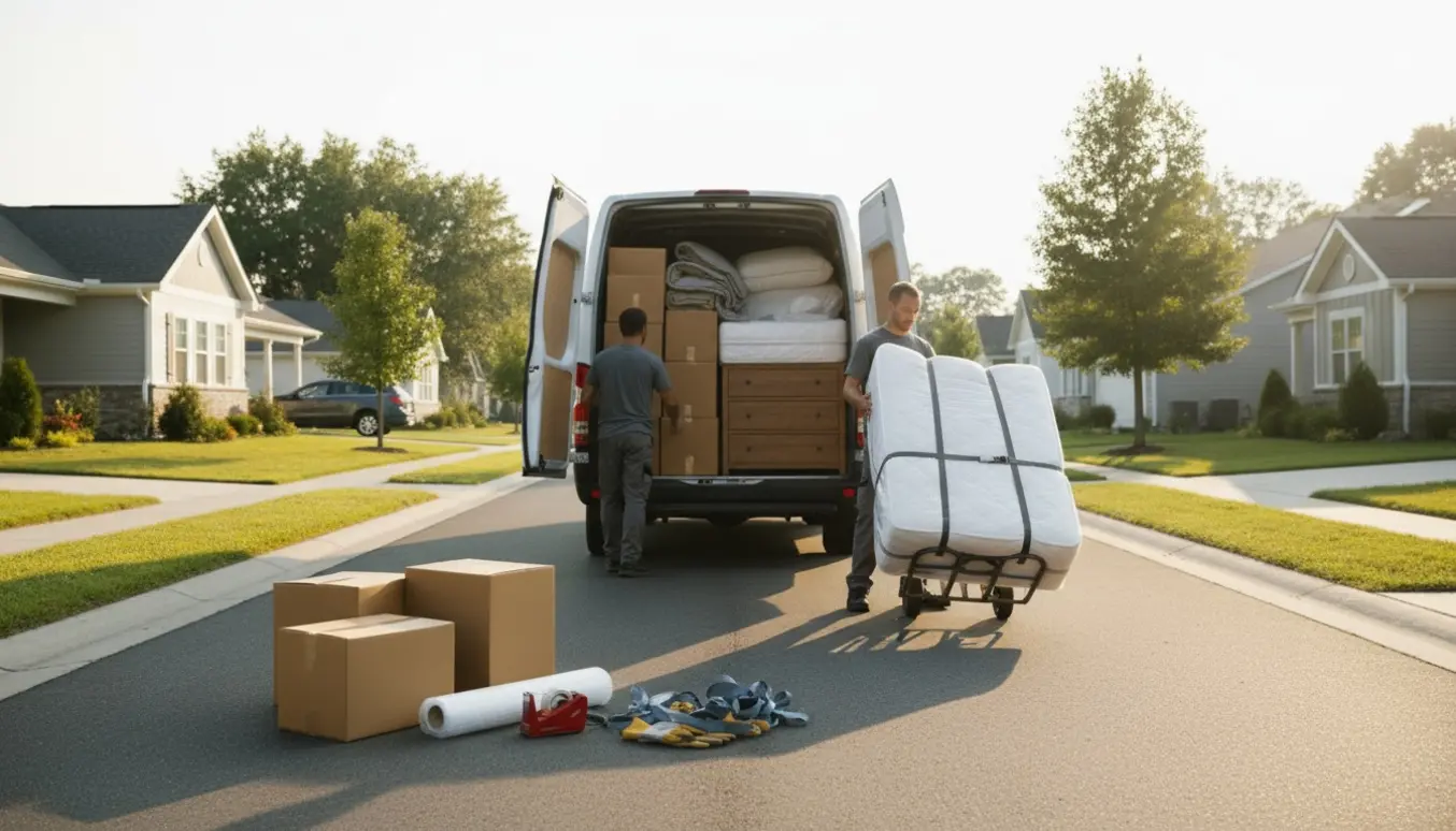 Flyttefolk læsser møbler og flyttekasser ind i en varevogn mellem to nærliggende huse på en solskinsdag.