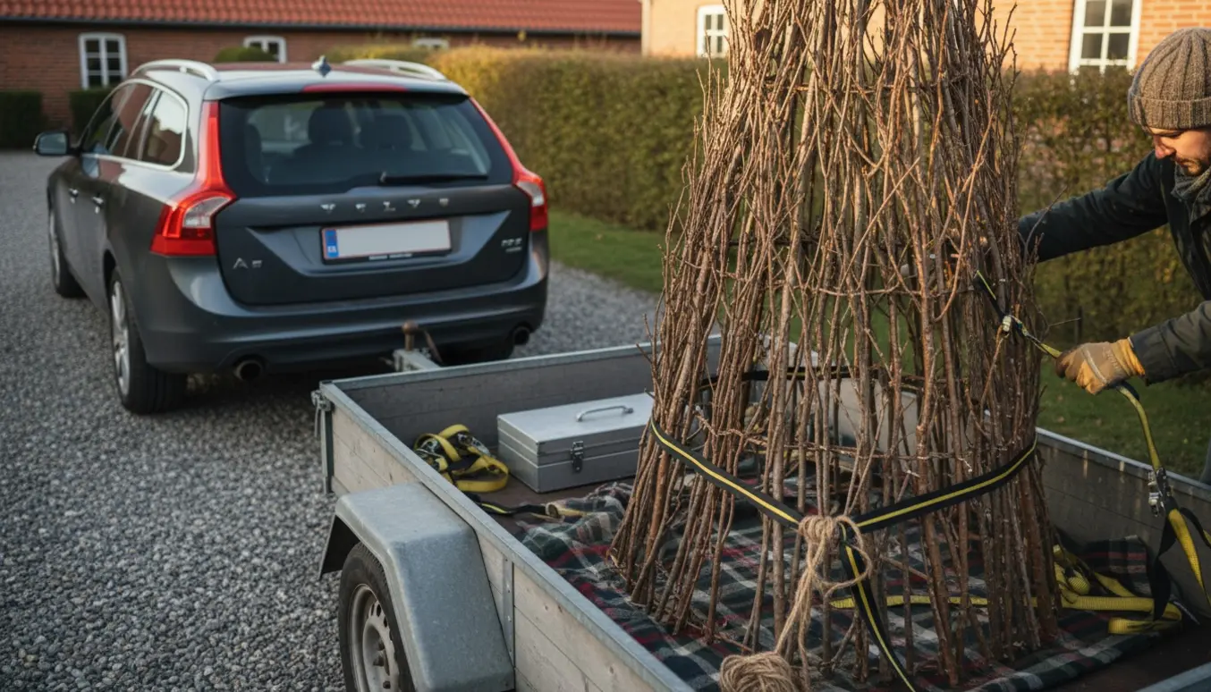 Åben trailer med et hjemmelavet, bladløst 'juletræ' lavet af grene spændt fast til en bil på en grusvej.