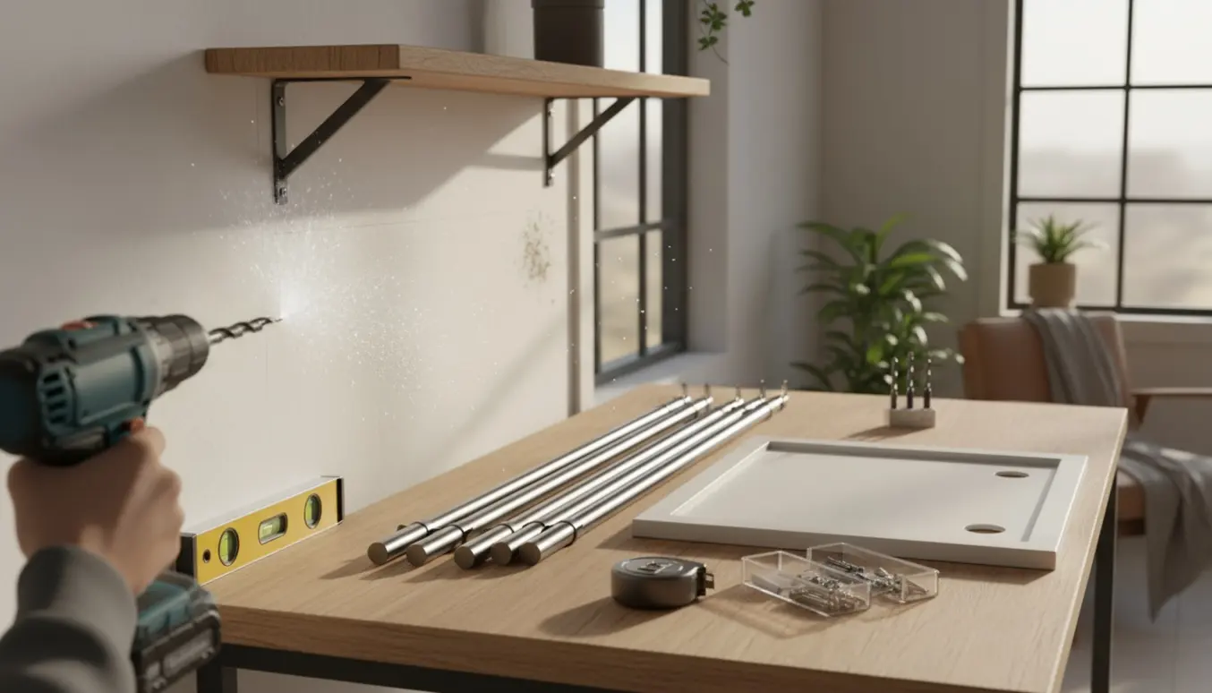 Boremaskine og værktøj ved montering af gardiner, hylde og skab i et lyst rum.