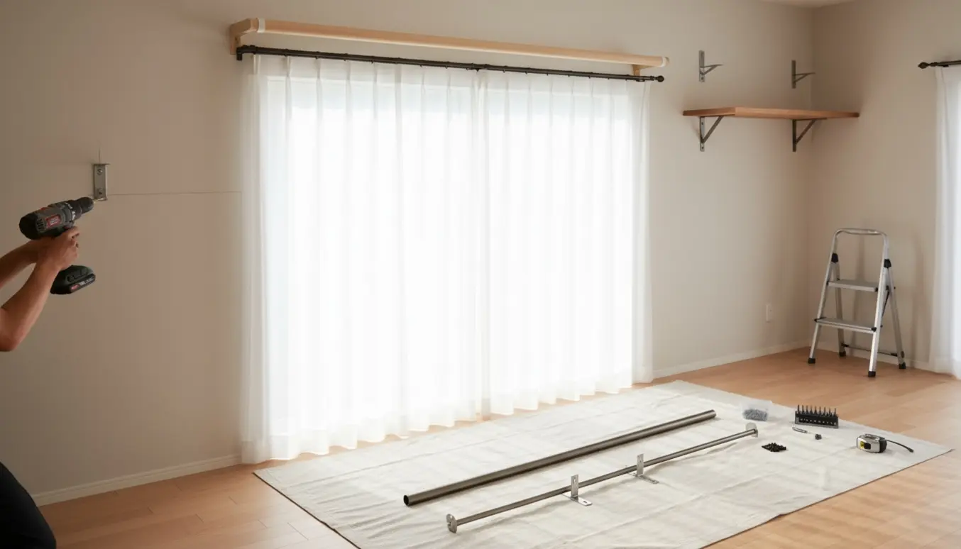 Hænder monterer to gardinstænger og en lille væghylde i et lyst, ryddeligt rum.