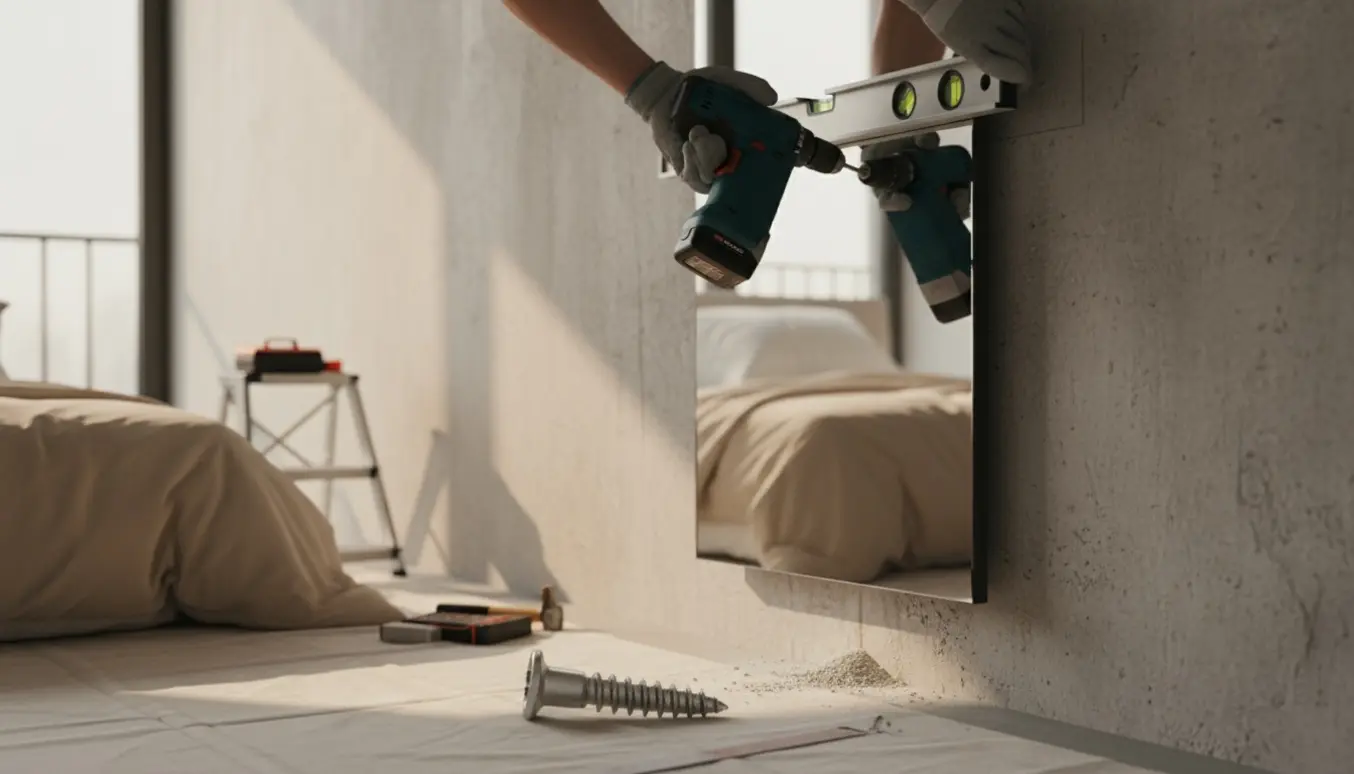 Nærbillede af ophængning af et 105 cm x 35 cm spejl på en betonvæg med boremaskine, rawlplugs og vaterpas.