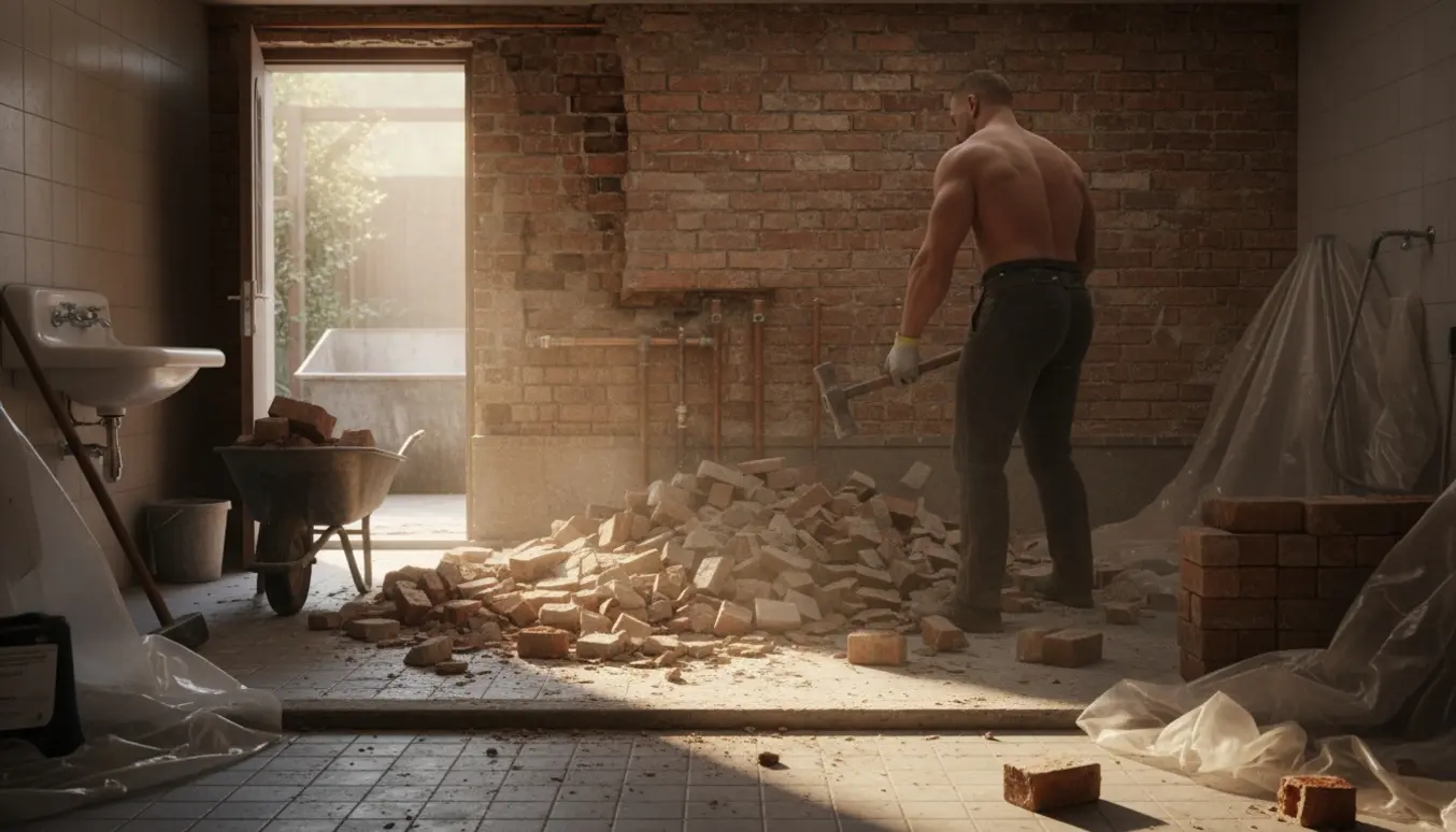Nedrivning af en ikke-bærende kældervæg i et badeværelse med mursten, værktøj og trillebør.