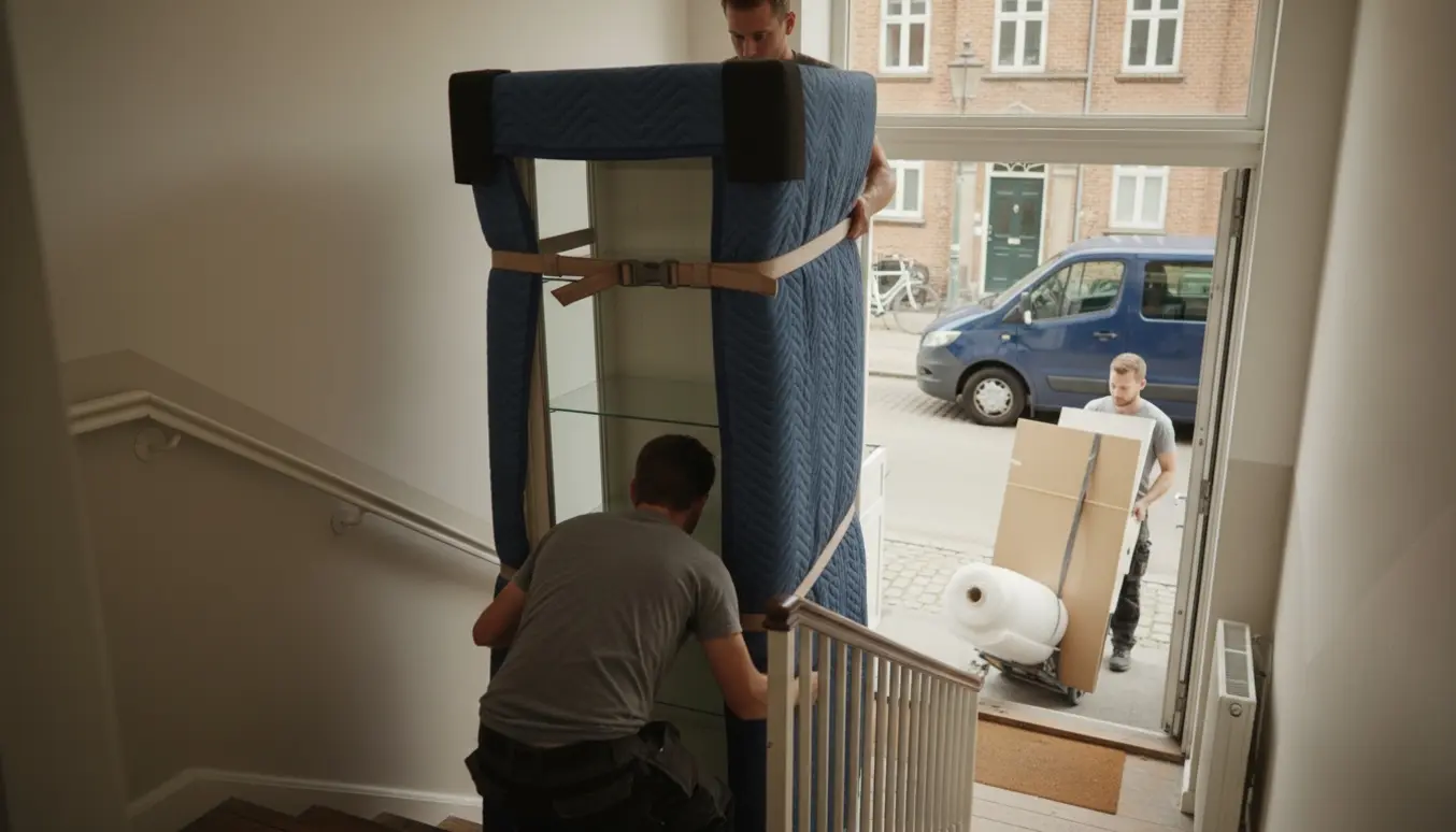 Flyttemænd bærer et indpakket vitrineskab ned ad en trappe mod en varevogn på en københavnsk gade.