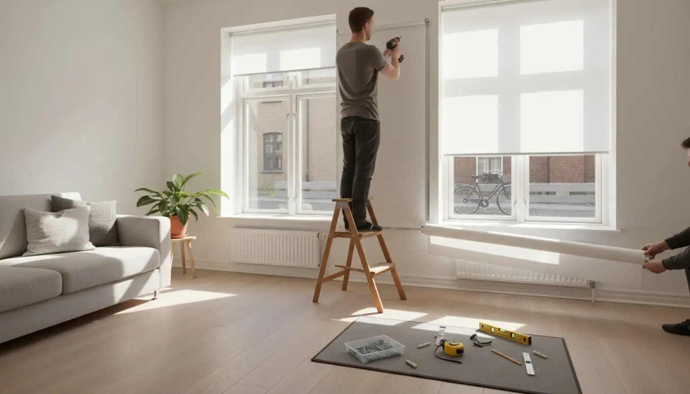 Montering af to hvide rullegardiner i en lys stuelejlighed på Østerbro, med værktøj og planter i rummet.