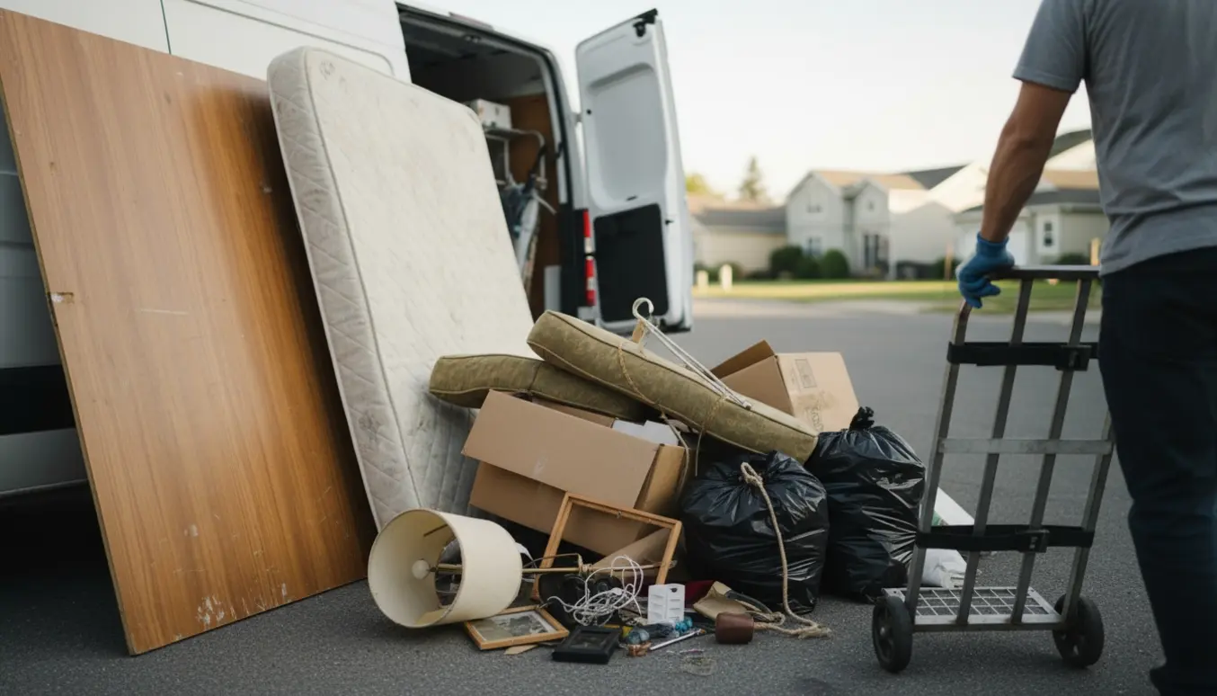 Skab og seng læsses i en åben kassevogn ved vejkanten, arbejdshænder synlige men ingen ansigter.