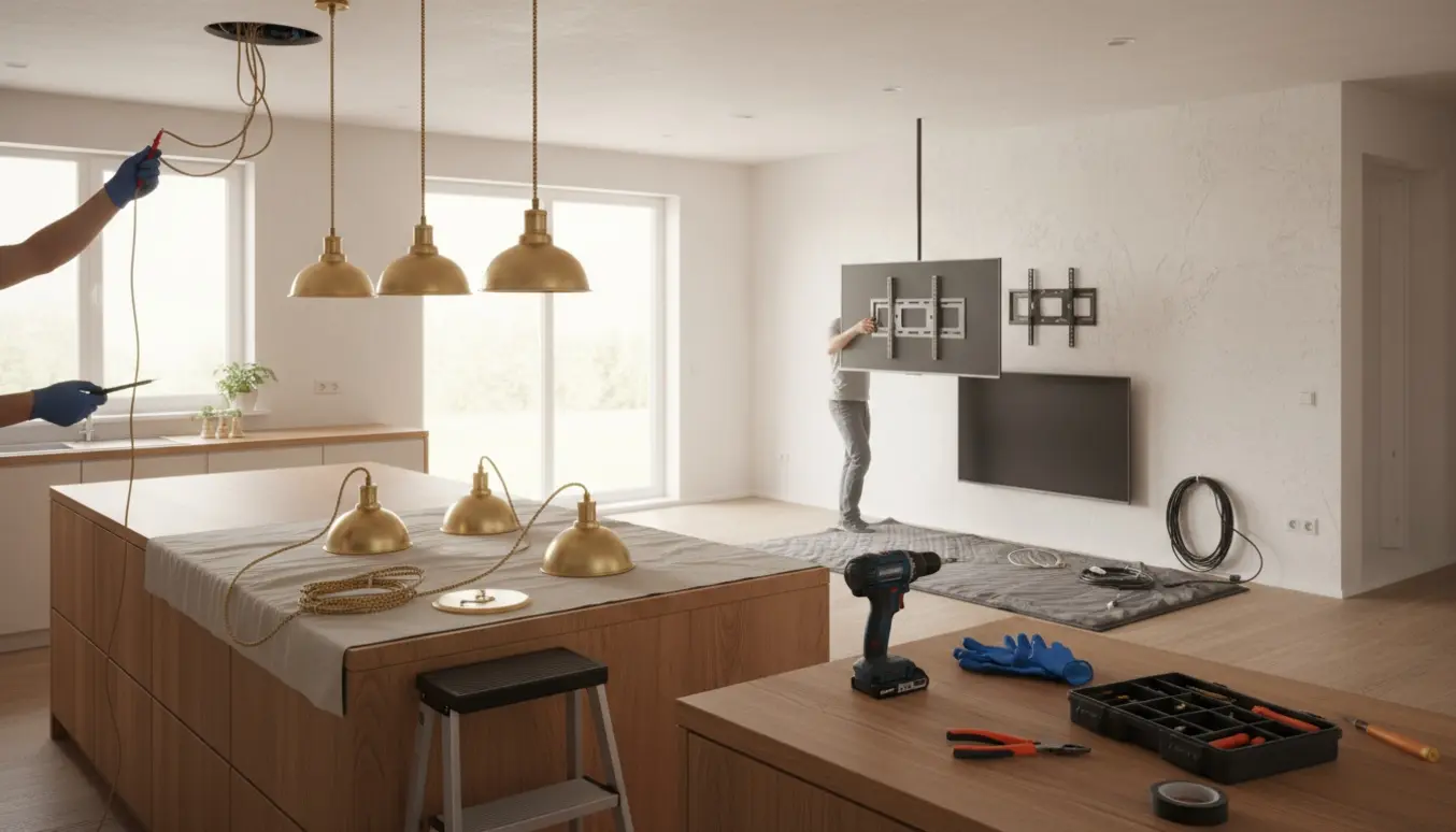 Tekniker installerer lamper, reparerer et køkkenspot og nedtager to væghængte TV med værktøj og kabler.