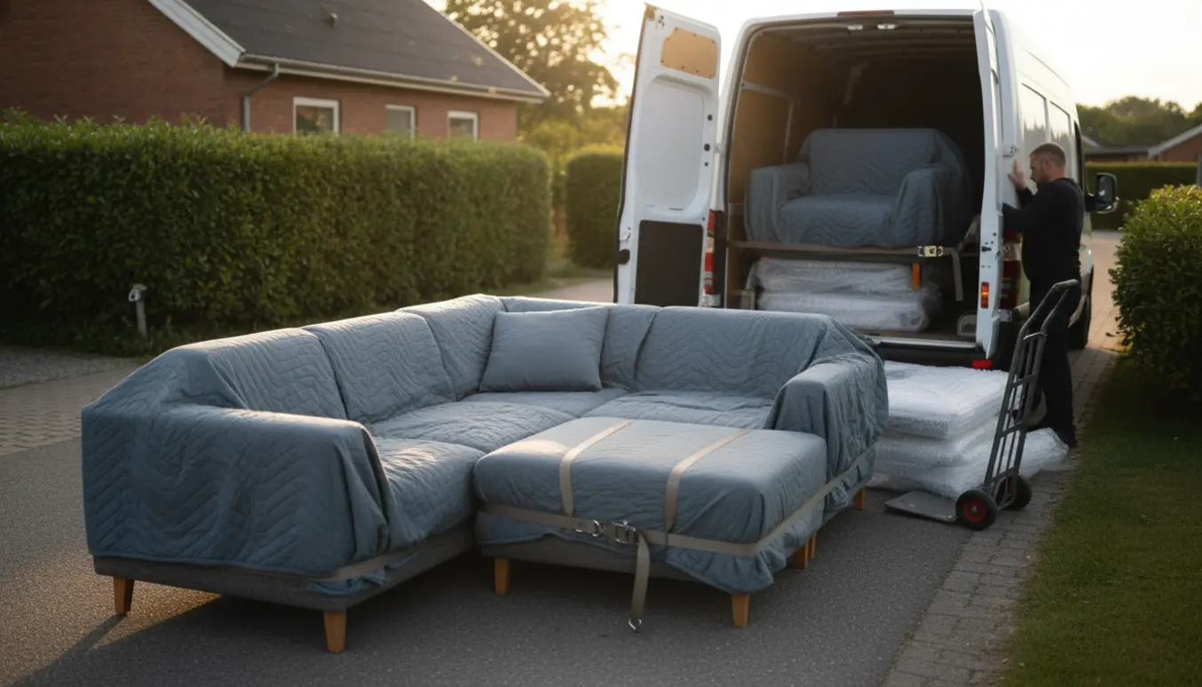 Flyttevogn læsser en hjørnesofa i tre dele og en lænestol, beskyttet med flyttetæpper og stropper.