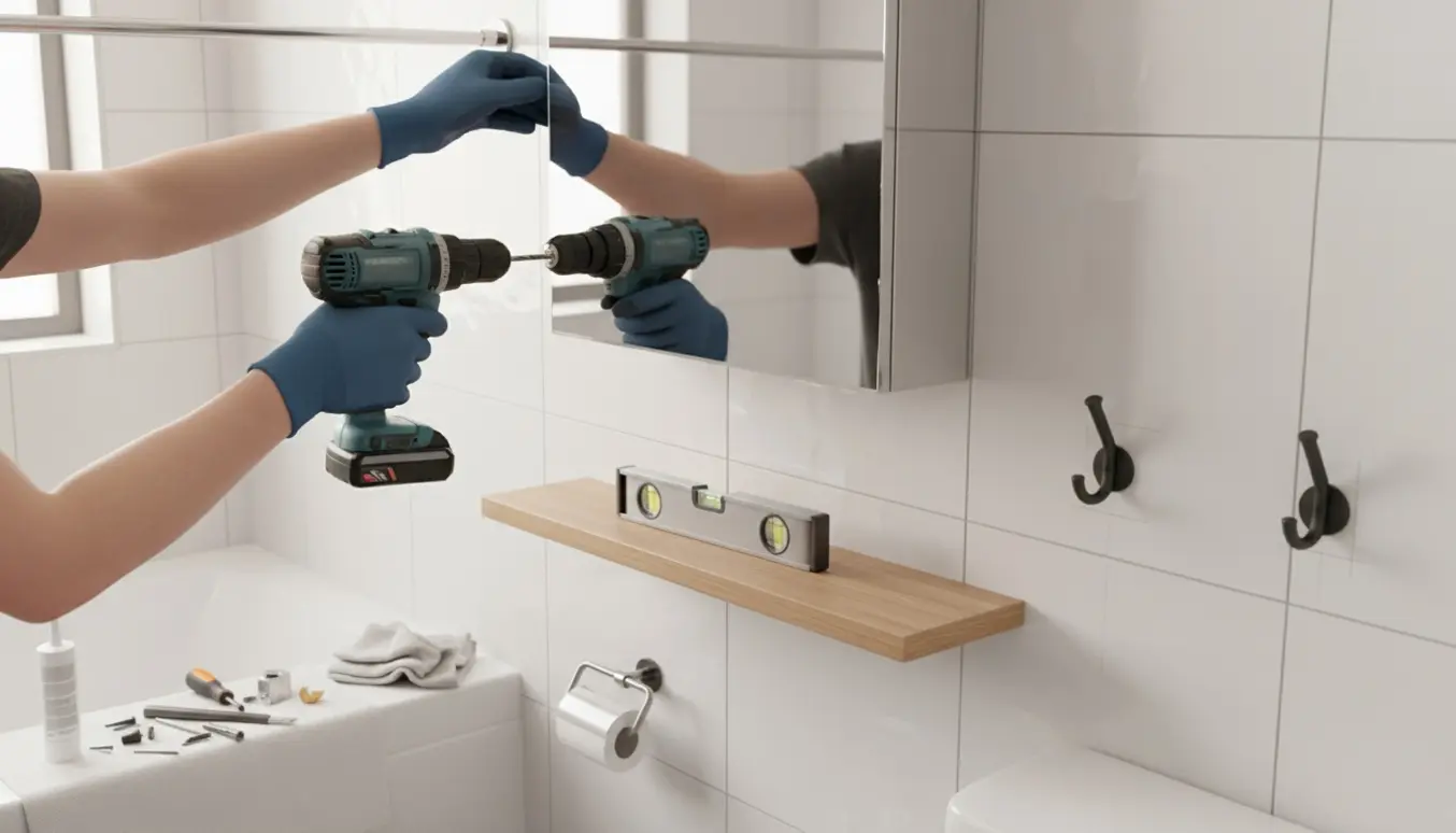 Nærbillede af hænder, der monterer badeværelsesarmaturer på fliser med værktøj på badekanten.