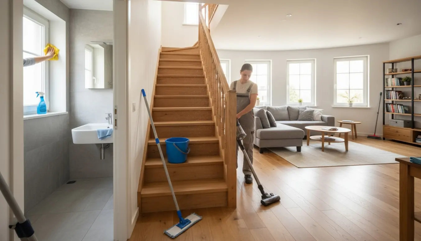 Rengøringsscene i en lys Airbnb-lejlighed med en rengøringsperson bagfra, der støvsuger trapper og tørrer overflader.