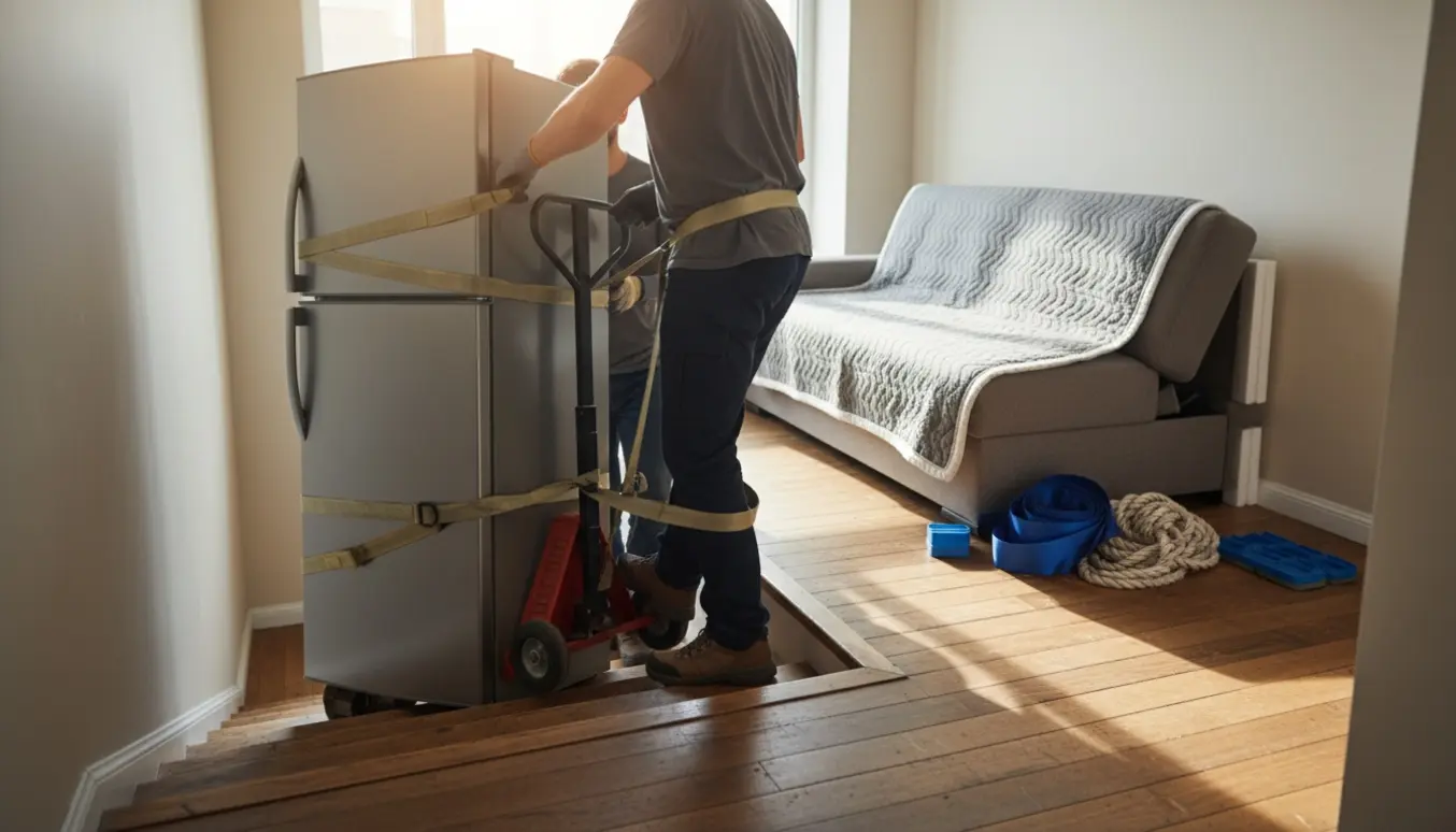 Et køleskab bæres op ad en trappe til første sal, mens en sammenfoldet sovesofa ligger klar på landingen.