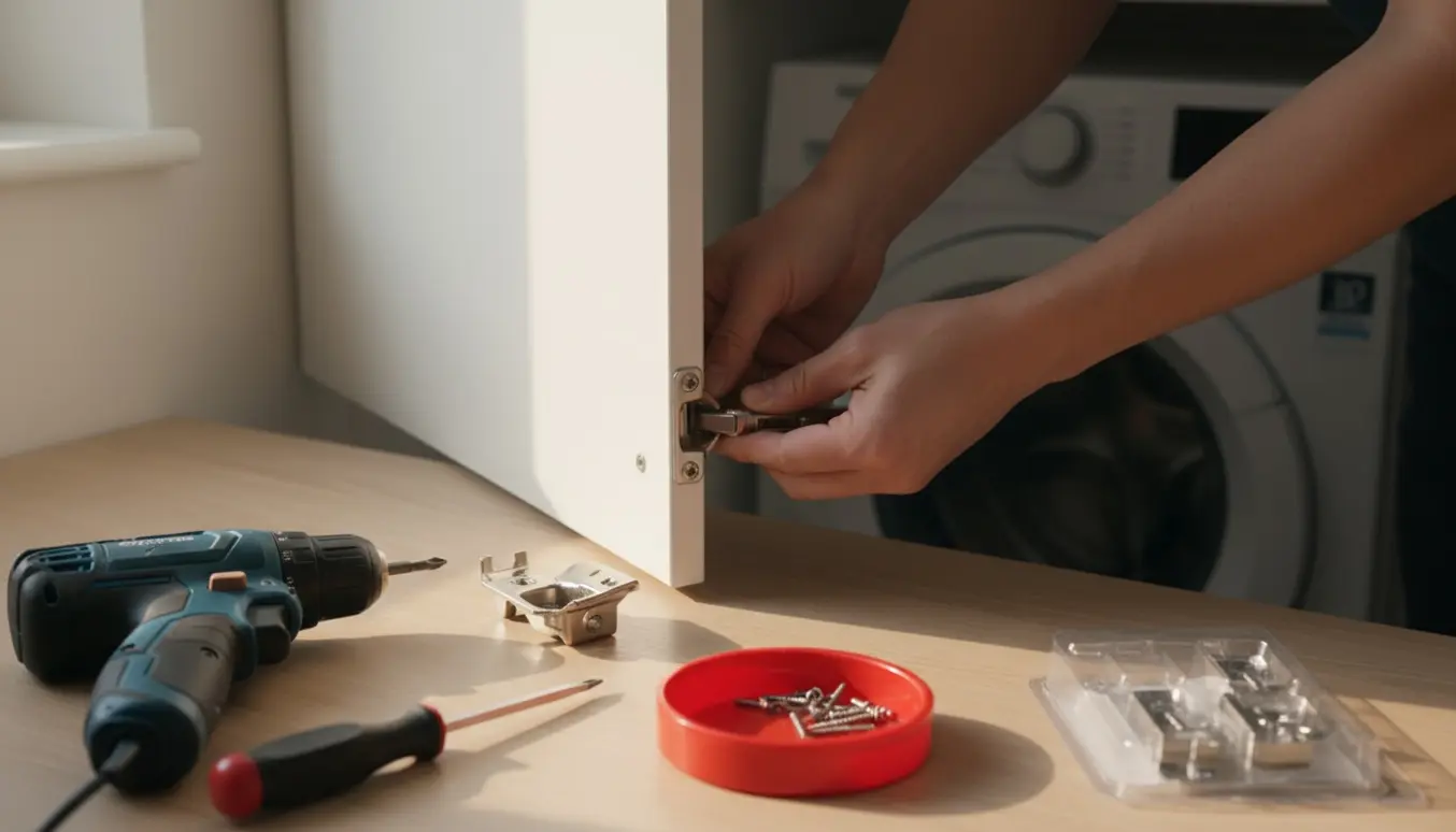 Nærbillede af udskiftning af hængsel på en hvid skabslåge over en vaskemaskine.