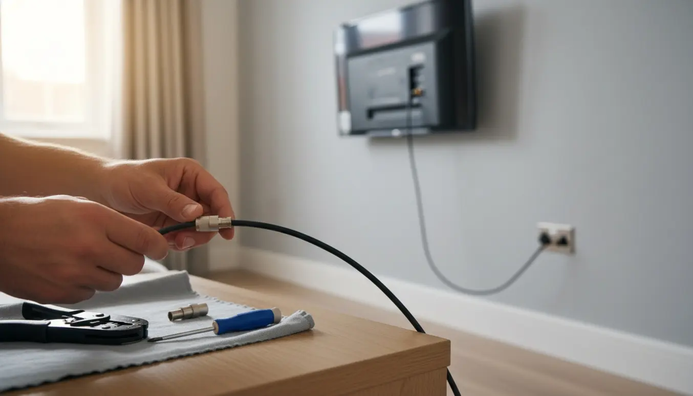 Hænder tilslutter et IEC-tv-antennekabel ved en seng, med kablet tilsluttet et tv i stuen i baggrunden.