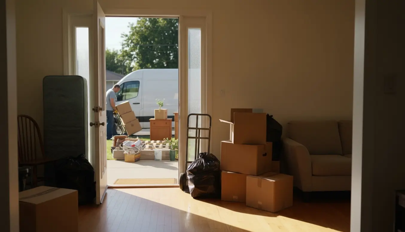 Oprydning af et enkeltplans hus med møbler og flyttekasser læsset ud foran en varevogn.