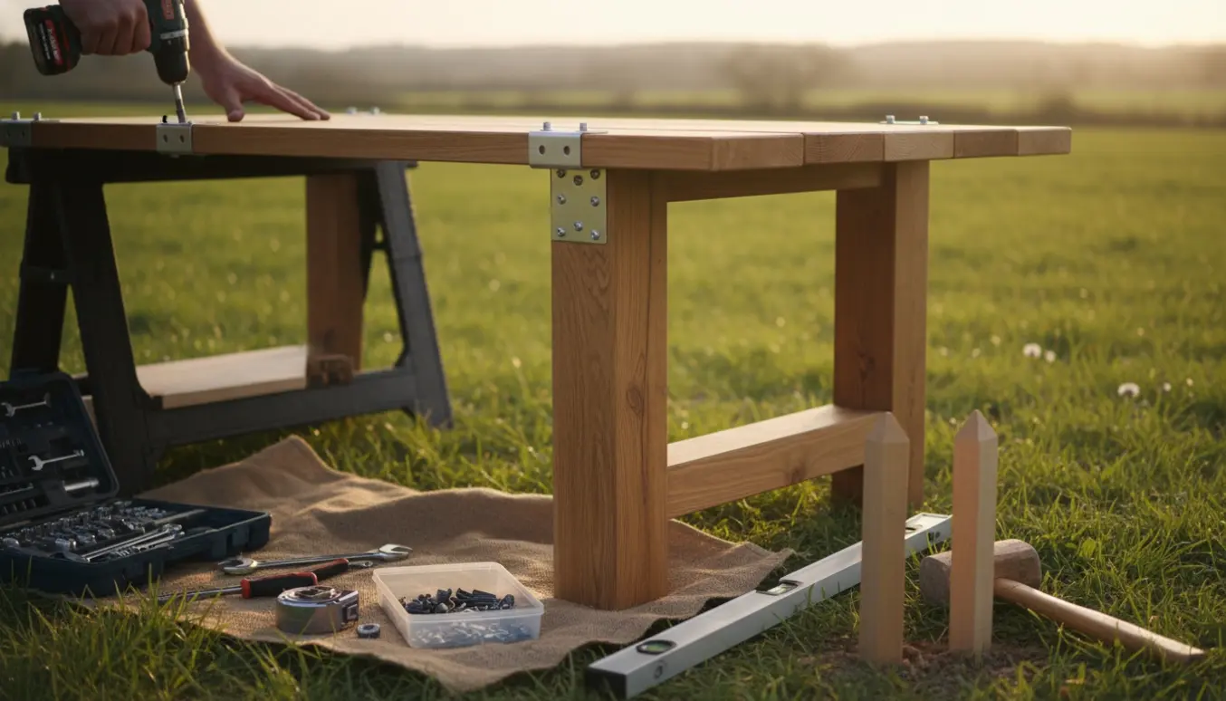 Hænder bruger en skruemaskine til at samle et træbord i en græsmark ved gyldent lys.