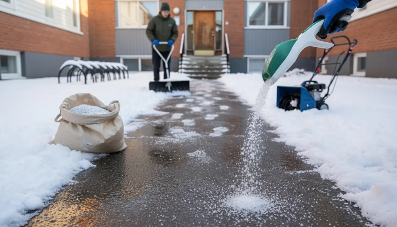 Snerydning og saltning af en ryddet gangsti ved indgangen til en andelsboligforening.
