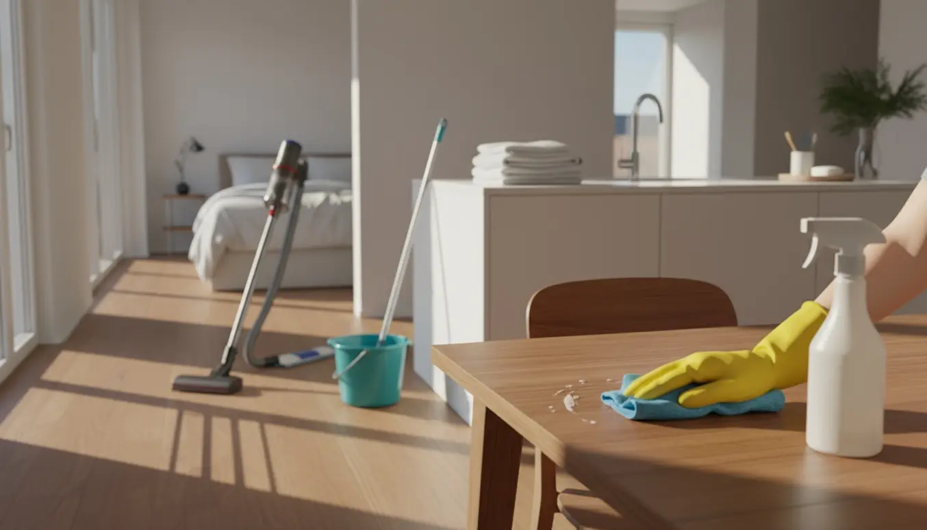 Nyvasket 65 m² lejlighed med moppe, støvsuger og hænder i handsker, der tørrer af i varmt dagslys.