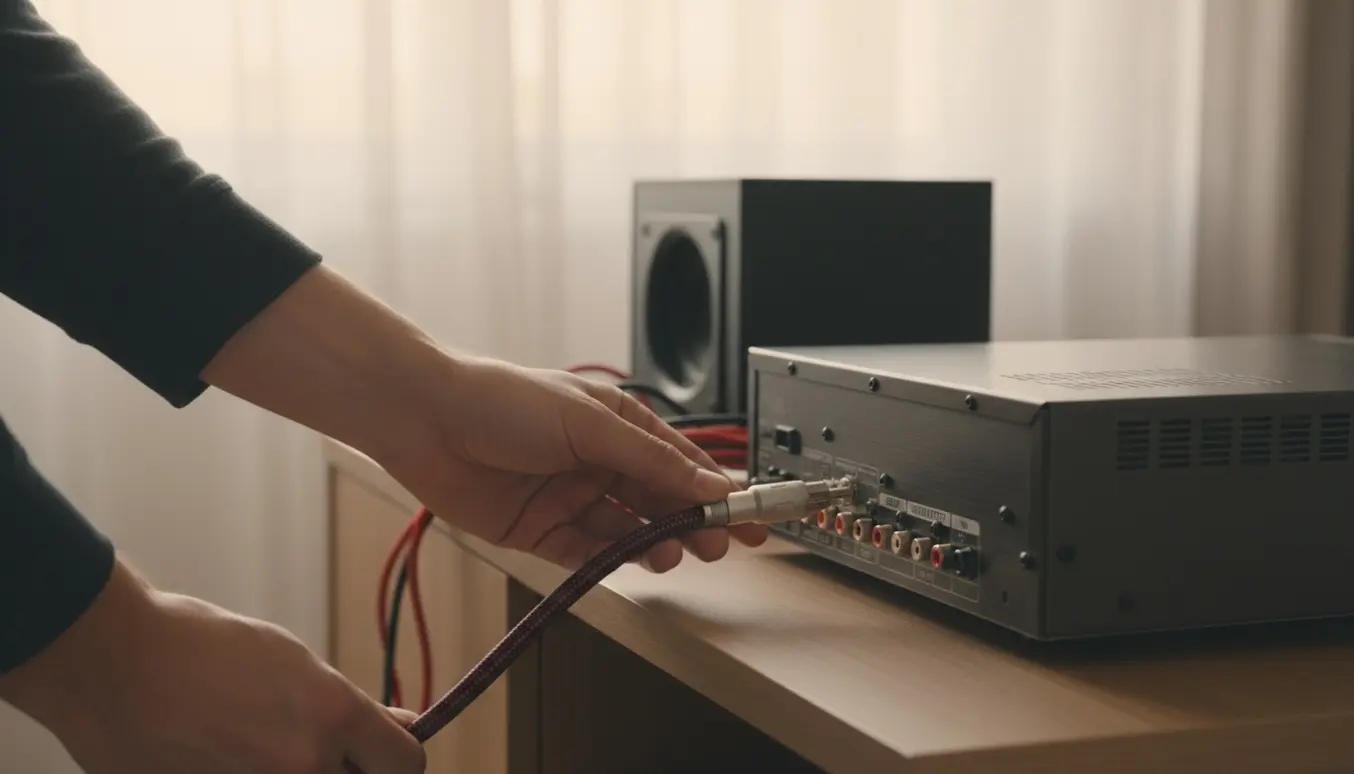 Nærbillede af hænder, der sætter et mono RCA-kabel i subwoofer-udgangen på en hjemmebiograf-receiver med subwoofer i baggrunden.