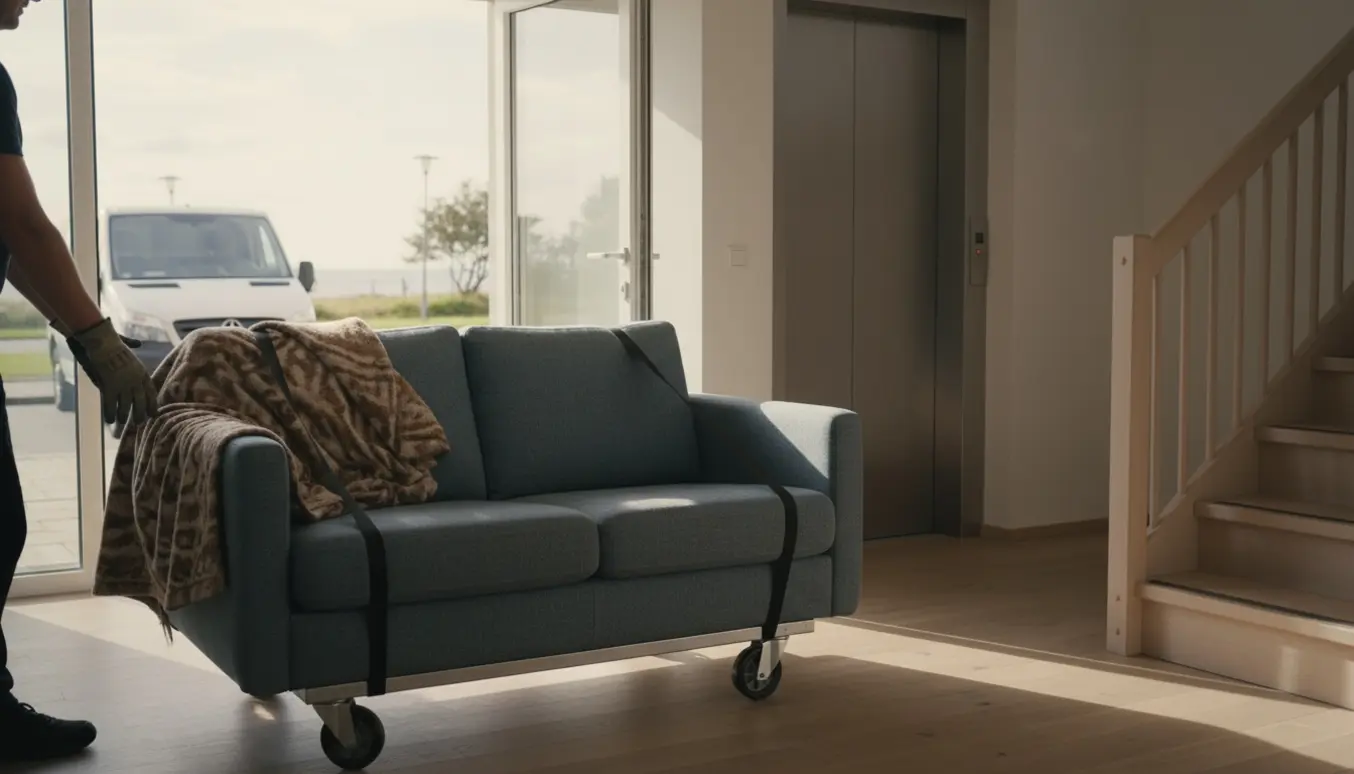 Lille 2-personers sofa på dolly ved opgang og åben varevogn, klar til bortskaffelse.