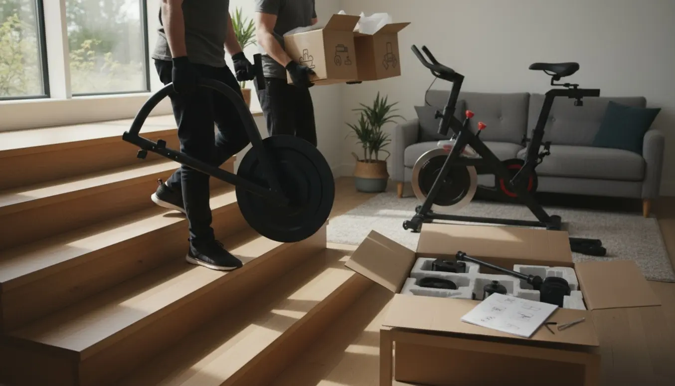 To personer bærer dele af en ny motionscykel op ad brede trapper ind i en lys stue med manual og værktøj klar.