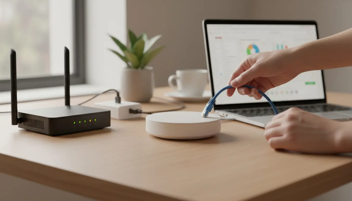 Hænder forbinder en rund trådløs access point til en router med et Ethernet-kabel på et ryddeligt hjemmekontor.