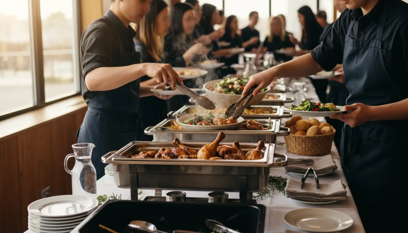 Servere afrydder og supplerer en buffet ved et selskab, med fokus på fade og hænder.
